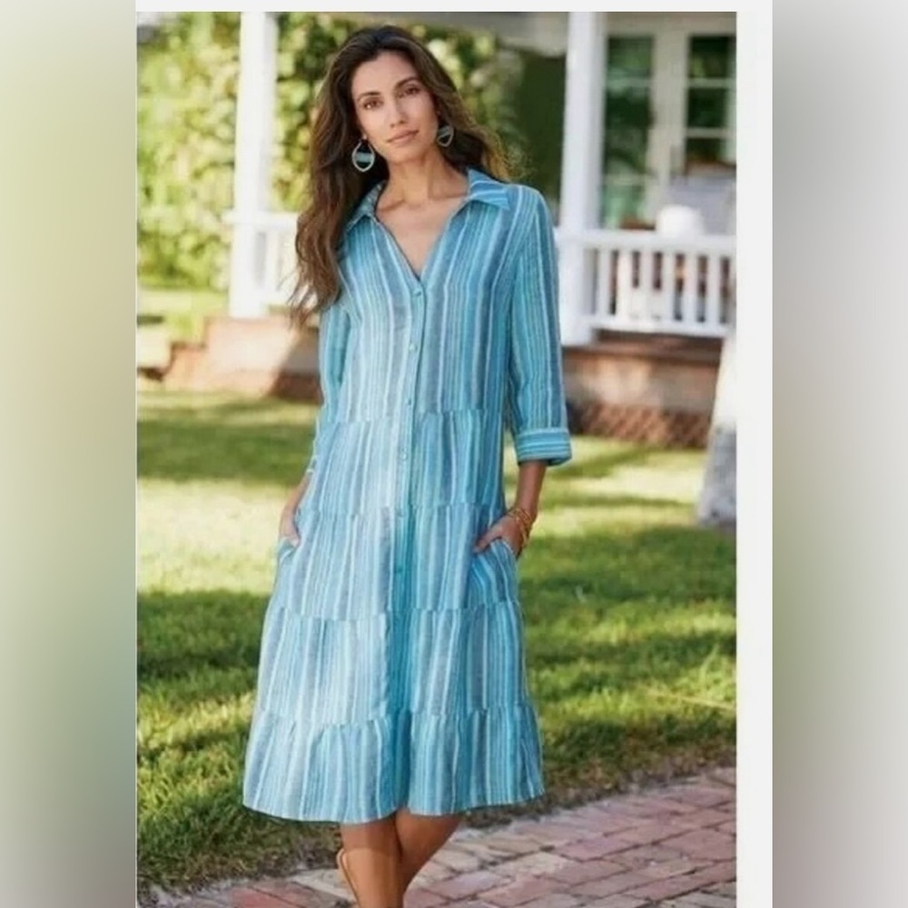Soft Surroundings Santa Cruz 100% Linen Tiered Shirt Dress Small Blue Stripe XL